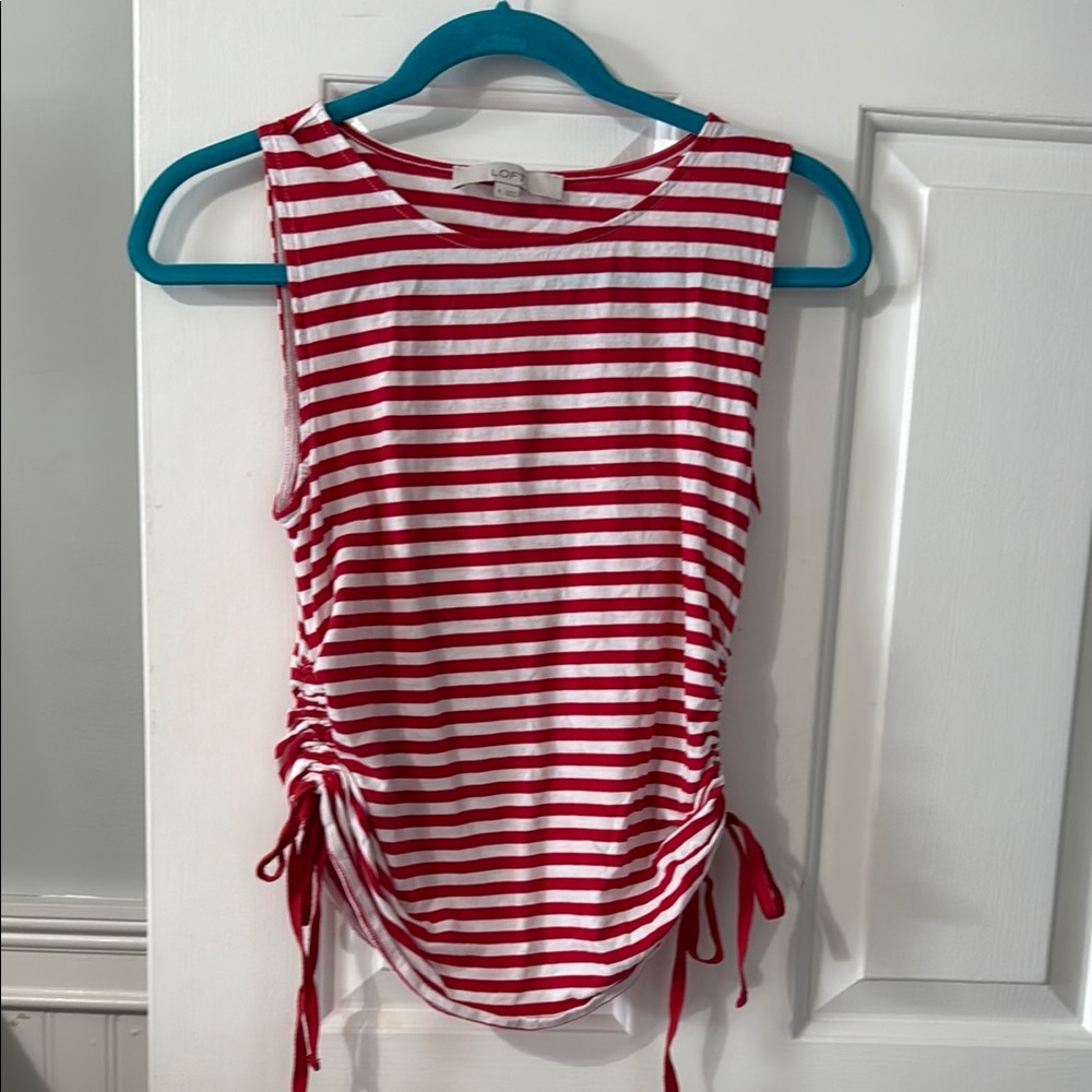 LOFT Red and White Ruched Tie Front Tank Top